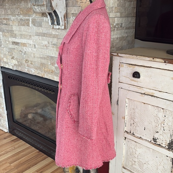 Cabi Madison Avenue pink tweed double breasted coat fringe and gold details - Picture 9 of 16